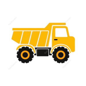 May include: A yellow dump truck illustration with black tires and orange centers. The truck has a rectangular cargo bed and a driver's cab. The image is a flat design, perfect for children's products or construction-themed items.