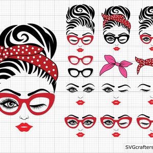 Messy Bun svg, Messy Bun bandana SVG, moeder met bandana en bril SVG, meisje bandana svg, meisje met wimpers svg, momlife svg, haar knot svg,