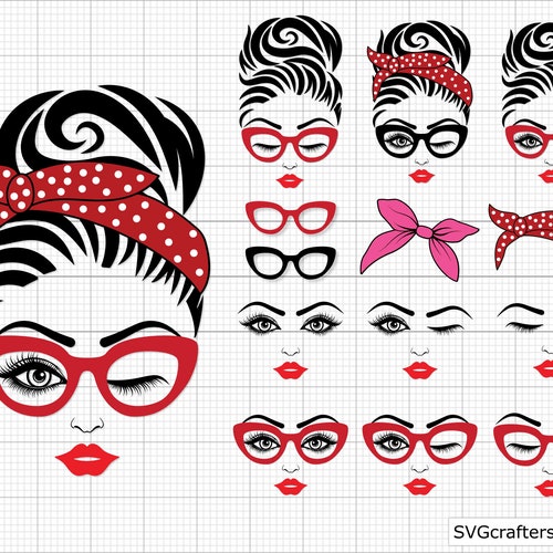 Messy Bun svg, Messy Bun Bandana SVG, Mom with Bandana And Glasses SVG, Girl bandana svg, Girl With Lashes svg, momlife svg, Hair bun svg,