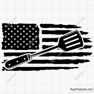 Puede incluir: Diseño en blanco y negro desgastado de una bandera estadounidense con una espátula colocada en diagonal.