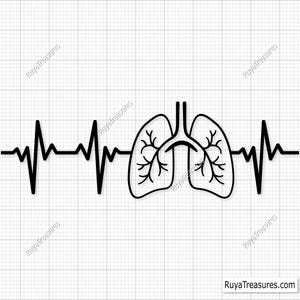 Puede incluir: Ilustración en blanco y negro de línea de arte de un pulmón humano con una línea de latido del corazón encima.