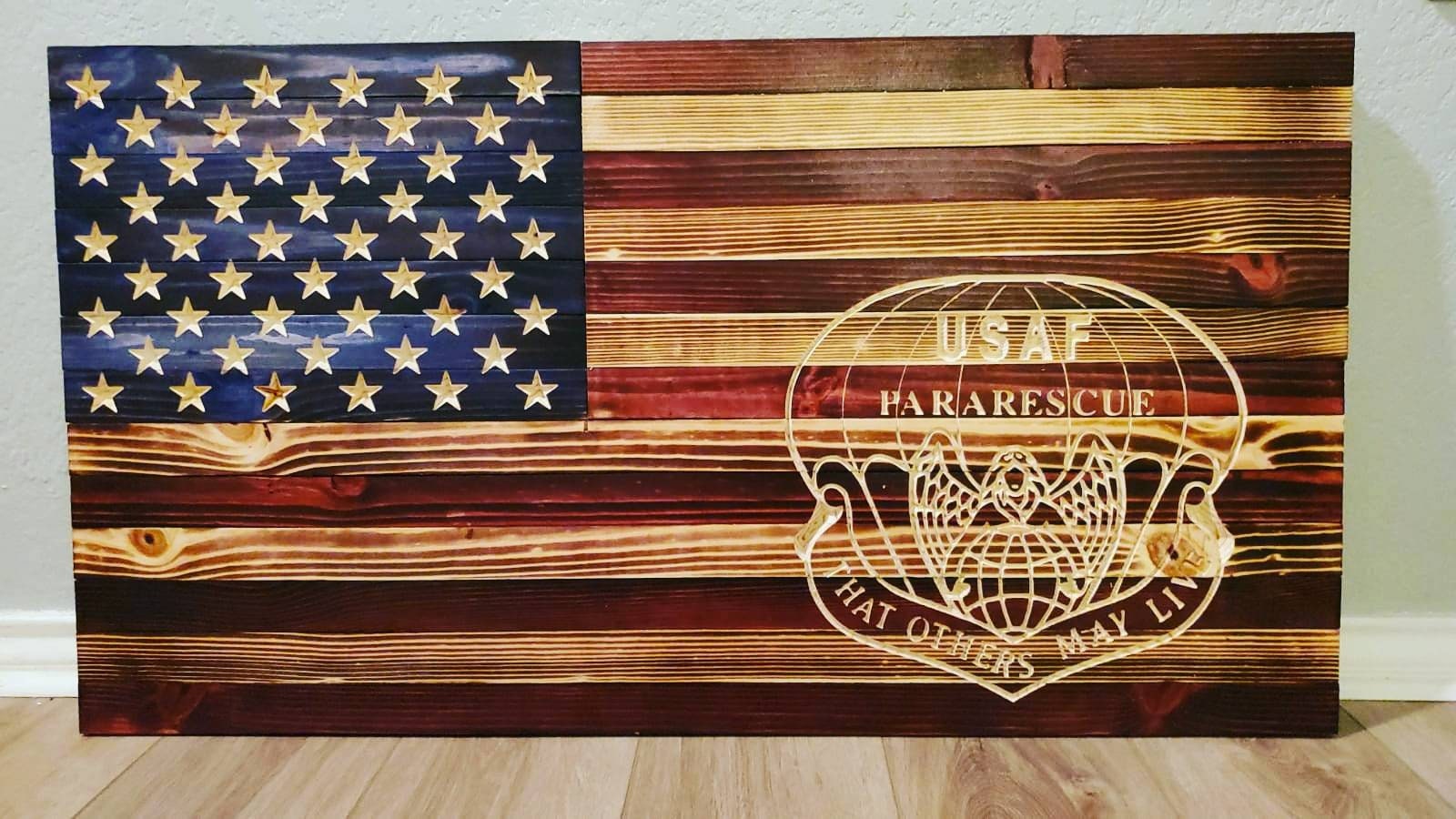 Beautiful Handmade Flag With the Pararescue Flash Carved In. This Flag