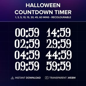 Superposición de temporizador de cuenta regresiva de Halloween para transmisión en vivo, 1, 3, 5, 10, 15, 30, 45, 60 minutos. Descarga instantánea.