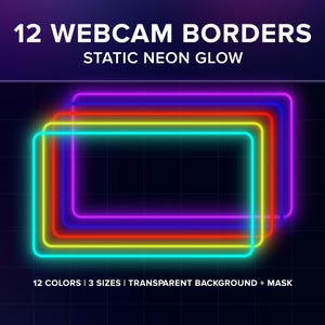 12 静的ネオングローウェブカメラボーダー（角丸）Twitch OBS ウェブカメラオーバーレイ / 黒、青、紫、赤、緑、ピンク、オレンジ、青緑、白、黄色