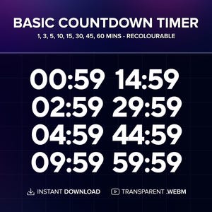Countdown Timer for Twitch/Kick/YouTube Stream Overlay, 1, 3, 5, 10, 15, 30, 45, 60 mins. Loading Screen, Starting Soon, Instant Download