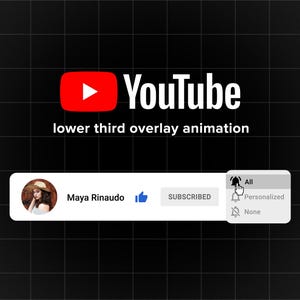 Puede incluir: Animación de superposición de tercio inferior de YouTube con una foto de perfil, un icono de pulgar hacia arriba, la palabra "SUSCRITO", y un icono de campana de notificación con un menú desplegable que dice "Todo", "Personalizado" y "Ninguno".