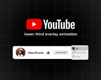 May include: YouTube lower third overlay animation with a profile picture, a thumbs up icon, the word "SUBSCRIBED", and a notification bell icon with a dropdown menu that says "All", "Personalized", and "None".