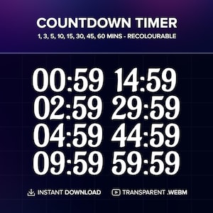 Può includere: Grafica del timer per il conto alla rovescia digitale con testo bianco su sfondo blu scuro. Il testo include le parole "COUNTDOWN TIMER" e incrementi di tempo. Il timer mostra diversi esempi di tempo e sono visibili anche le parole "INSTANT DOWNLOAD" e "TRANSPARENT .WEBM".