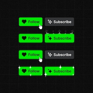 Può includere: Quattro pulsanti verdi con cuori neri e la parola "Follow" e quattro pulsanti grigi con stelle bianche e la parola "Subscribe".