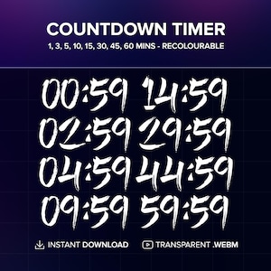 Könnte beinhalten: Eine digitale Grafik mit der Aufschrift "COUNTDOWN TIMER" und verschiedenen Zeitangaben. Weiße Zahlen zeigen Countdown-Zeiten wie 00:59 und 14:59. Die Grafik enthält auch den Text "INSTANT DOWNLOAD" und "TRANSPARENT .WEBM".