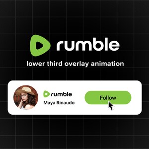 Op de afbeelding: Een digitale afbeelding met het Rumble-logo, een groene afspeelknop en het woord "rumble" in het wit. Daaronder staat de tekst "lower third overlay animation". Een profielfoto en een "Volgen"-knop zijn ook aanwezig.