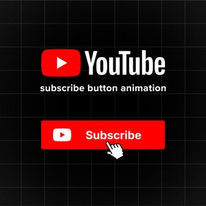 Puede incluir: Un botón rojo con un icono de reproducción blanco y la palabra "Suscribirse" en blanco. Un cursor blanco se cierne sobre el botón. El texto "YouTube" y "animación de botón de suscripción" se muestra sobre el botón.