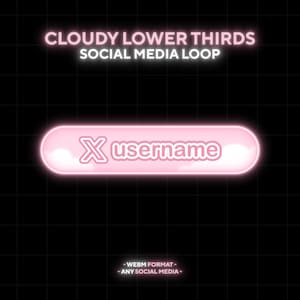 May include: A digital graphic with the text "CLOUDY LOWER THIRDS SOCIAL MEDIA LOOP" in pink neon. A pink neon button with the text "X username" is centered. The background is black with a grid pattern. Text at the bottom reads "- WEBM FORMAT - ANY SOCIAL MEDIA -"