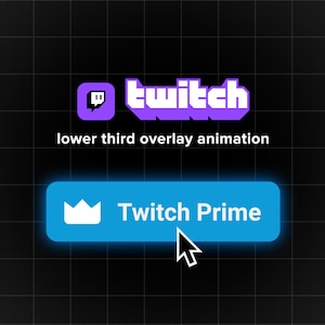 Può includere: Grafica digitale con il logo Twitch viola e bianco, e un pulsante blu con la scritta "Twitch Prime". È presente anche il testo "lower third overlay animation". Un cursore bianco si libra sopra il pulsante, su uno sfondo a griglia nera.