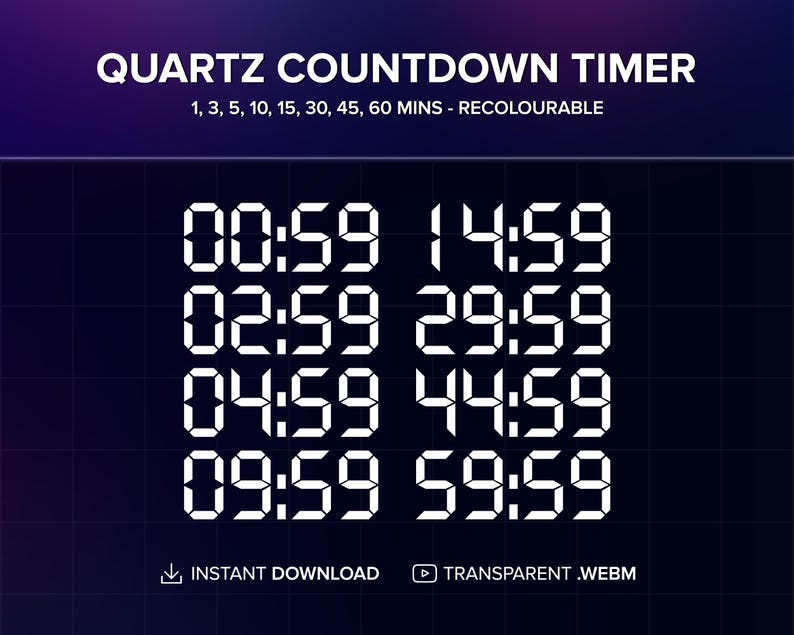 Puede incluir: Un temporizador de cuenta atr&aacute;s digital con fondo negro y n&uacute;meros blancos. El temporizador muestra diferentes horas en minutos y segundos, incluyendo 00:59, 02:59, 04:59, 09:59, 14:59, 29:59, 44:59 y 59:59. El texto "QUARTZ COUNTDOWN TIMER" y "1, 3, 5, 10, 15, 30, 45, 60 MINS - RECOLOURABLE" se muestra en la parte superior de la imagen.