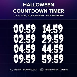 Könnte beinhalten: Eine digitale Halloween-Countdown-Timer-Grafik mit weißen, gezackten Zahlen auf dunklem Hintergrund. Der Text lautet HALLOWEEN COUNTDOWN TIMER, 1, 3, 5, 10, 15, 30, 45, 60 MINS - RECOLOURABLE, INSTANT DOWNLOAD und TRANSPARENT .WEBM.