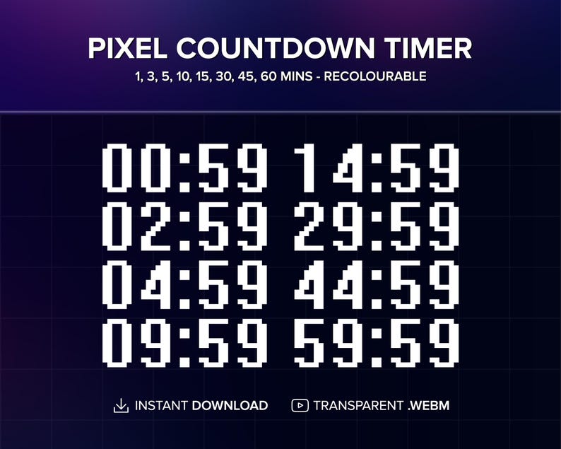 K&ouml;nnte beinhalten: Ein pixelartiger Countdown-Timer mit wei&szlig;en Zahlen auf schwarzem Hintergrund. Der Timer zeigt verschiedene Zeiten an, darunter 00:59, 14:59, 02:59, 29:59, 04:59, 44:59, 09:59 und 59:59. Der Text "PIXEL COUNTDOWN TIMER" und "1, 3, 5, 10, 15, 30, 45, 60 MINS - RECOLOURABLE" wird &uuml;ber dem Timer angezeigt. Der Text "INSTANT DOWNLOAD" und "TRANSPARENT.WEBM" wird unter dem Timer angezeigt.