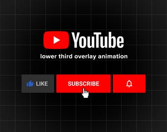 Może przedstawiać: Czerwone logo YouTube z białym przyciskiem odtwarzania i białym tekstem "YouTube". Pod logo znajduje się tekst "lower third overlay animation". Pod tekstem znajdują się trzy przyciski: szary przycisk z ikoną kciuka w górę i tekstem "LIKE", czerwony przycisk z tekstem "SUBSCRIBE" i unoszącą się nad nim dłonią oraz czerwony przycisk z ikoną dzwonka.