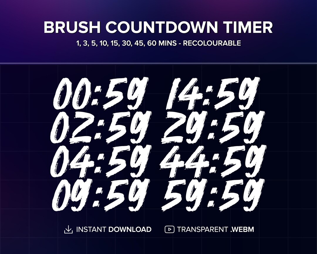 Starting Now Timer Brush Countdown Timer for Twitch/kick/youtube Stream Overlay, 1, 3, 5 ...