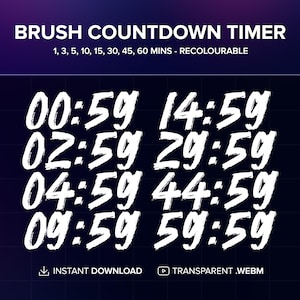 Puede incluir: Gráfico digital con el texto "BRUSH COUNTDOWN TIMER" e incrementos de tiempo. La imagen muestra varios contadores de tiempo en una fuente de pincel blanca sobre un fondo azul oscuro. Incluye el texto "INSTANT DOWNLOAD" y "TRANSPARENT .WEBM".