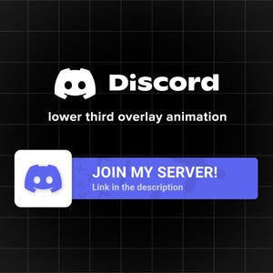 Puede incluir: Un logotipo de Discord blanco con el texto "Discord" en blanco debajo. El texto "lower third overlay animation" está debajo del logotipo. Un botón azul con texto blanco dice "JOIN MY SERVER!" con el texto "Link in the description" debajo. Un logotipo de Discord blanco está en el lado izquierdo del botón.
