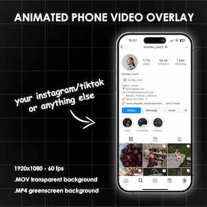 May include: A mockup of a smartphone screen showing a social media profile with the username "monika_cloch". The profile includes a photo of the user, a bio, and a grid of images. The text "ANIMATED PHONE VIDEO OVERLAY" appears above the phone.