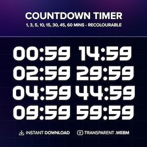 Pode incluir: Gráfico de temporizador de contagem regressiva digital com texto branco sobre um fundo azul escuro. O texto inclui as palavras "COUNTDOWN TIMER" e vários incrementos de tempo. O temporizador exibe vários exemplos de tempo, e as palavras "INSTANT DOWNLOAD" e "TRANSPARENT .WEBM" também estão presentes.