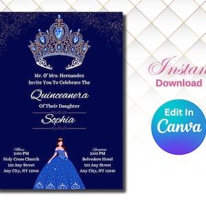 Royal Blue Quinceanera Invitations with Crown Design – Perfect Customizable Quinceanera Invitation for Your Event – Invitations Quinceanera