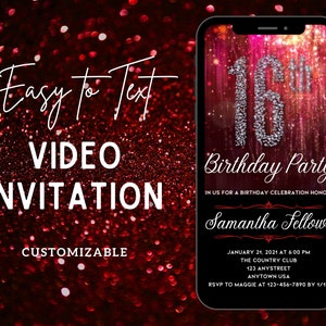 Sweet 16 Invite, Sweet 16 Invitation, Sweet 16 Party, Black And Red Invitation, Red Glitter Invite, Digital Invitation, Animated Invitation