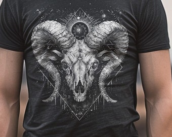 Cosmic Widderschädel Shirt | Aries Black Death Metal T-Shirt | Dark Arts Geschenk für Heide, Okkultist, Wicca, Satanist | NOX Versorgung