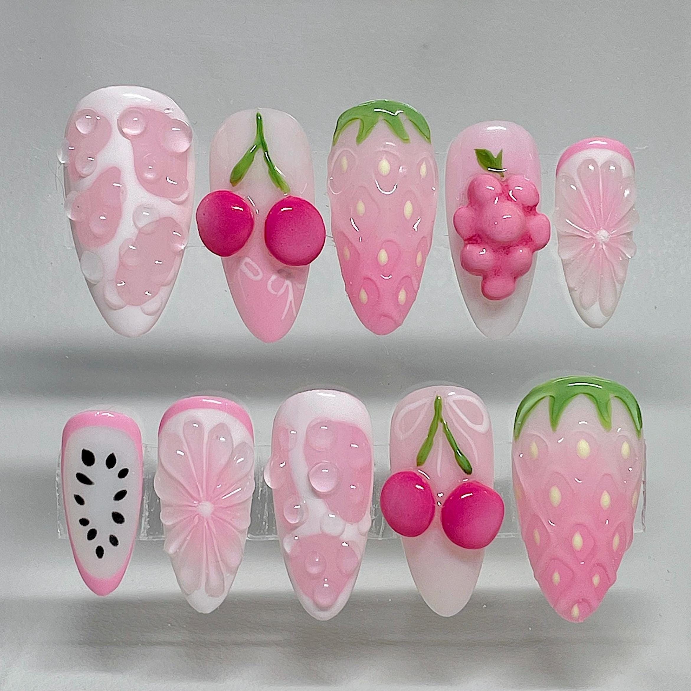 PINK LEMONADE —  Pink Fruit Summer Press Ons | 3D Fruit Nails | Spring Pink Strawberry Nails | Pink Grapefruit Nails | Almond Nails |