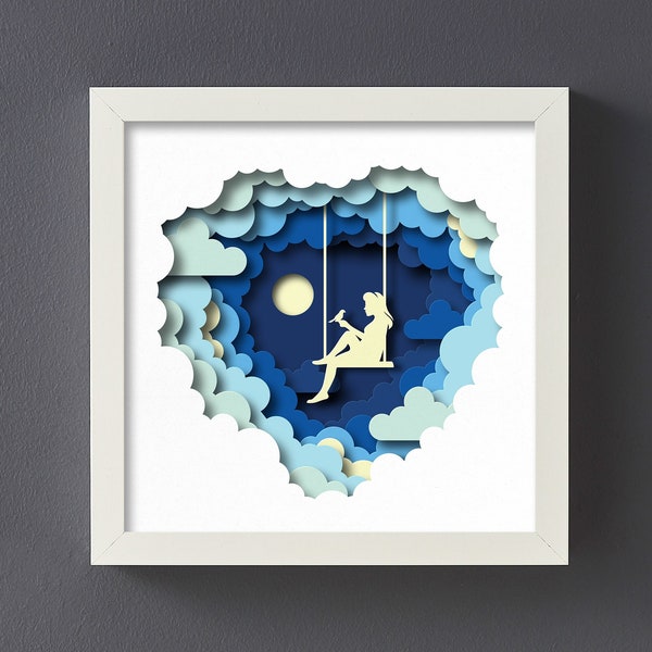 Girl in the cloud 3D Paper Cut Shadow Box Template, SVG Digital Download Files, Shadow Box SVG Digital Download Files, Cricut, Lightbox