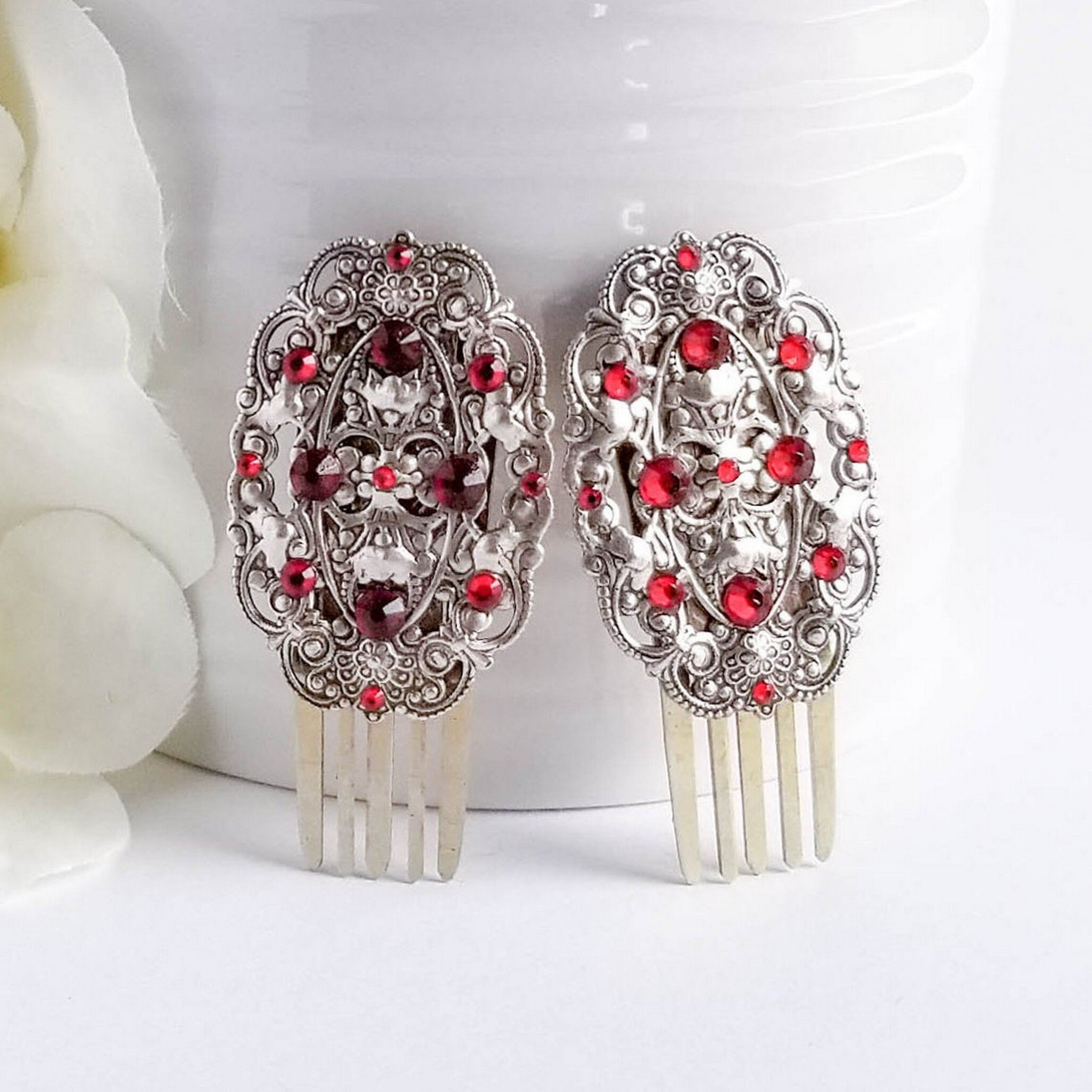 Red Rhinestone Hair Combs Ruby Hair Jewelry Jeweled Wedding Etsy