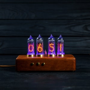 Nixie tube clock IN-14 tubes, made of eucalyptus and brass . image 2