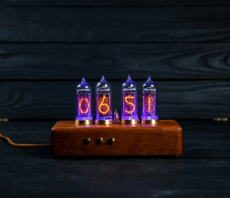 Nixie tube clock IN-14 tubes, made of eucalyptus and brass . image 2