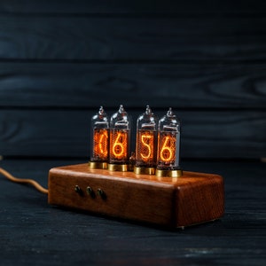 Nixie tube clock IN-14 tubes, made of eucalyptus and brass . image 3