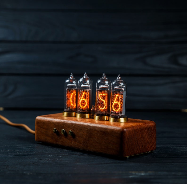 Nixie tube clock IN-14 tubes, made of eucalyptus and brass . image 3