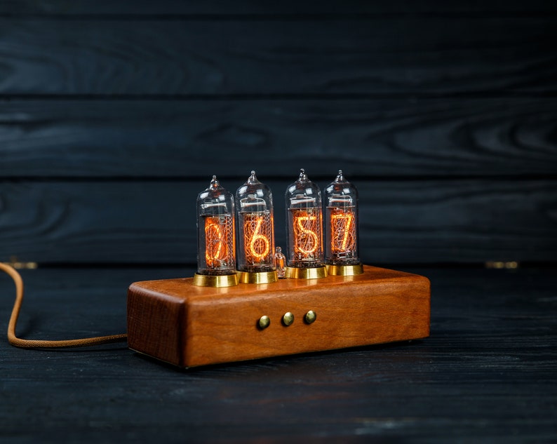 Nixie tube clock IN-14 tubes, made of eucalyptus and brass . image 5