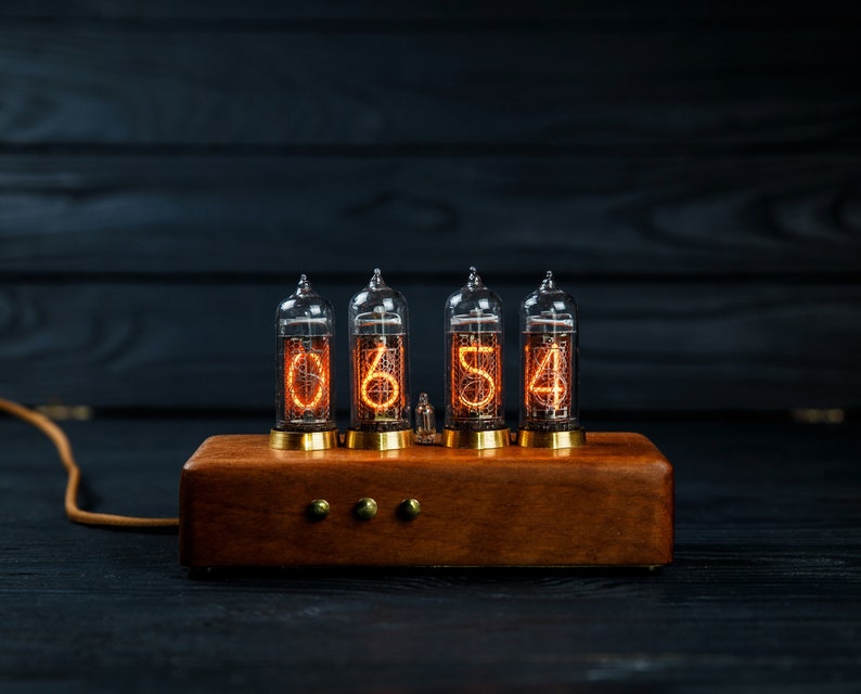 Nixie tube clock IN-14 tubes, made of eucalyptus and brass . image 1