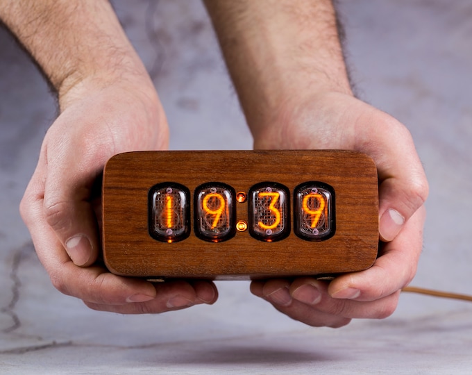 Merbau Wood Nixie Tube Clock, Brass Accent, Personalized Gift