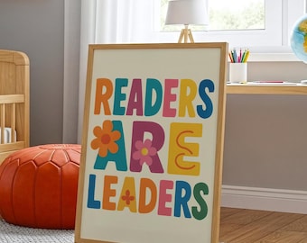 Readers Are Leaders Retro Print, Colorful Classroom Poster, Inspirational Wall Art for Kids and Libraries, Reading Nook Wall Art