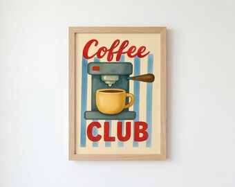 May include: A framed print with a coffee theme. The artwork features a coffee maker, a yellow coffee cup, and the words "Coffee Club" in red. The background has blue and white vertical stripes.