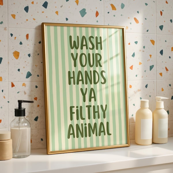 Wash Your Hands Ya Filthy Animal Funny Bathroom Wall Art, Retro Striped Print, Humorous Poster Bathroom Print, Playful Home Décor Poster