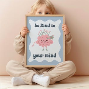 Be Kind To Your Mind Blue Brain Illustration Poster, Gentle Affirmation Wall Art, Retro Inspired Print