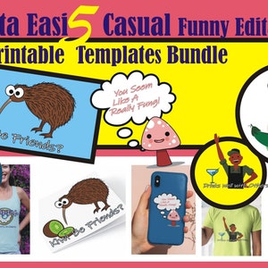 Puede incluir: Un conjunto de plantillas imprimibles con ilustraciones de dibujos animados. Los diseños incluyen un kiwi con el texto "Kiwi Be Friends?", una seta con el texto "You Seem Like A Really Fungi!", una rosquilla y un diseño de "World Peas".