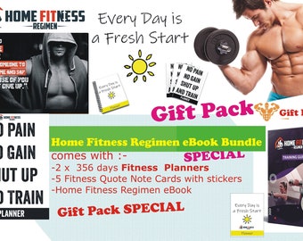 Home Fitness Regimen eBook Bundle  packaged with 2x 365 days Printable Planner and 5 Fitness Note Cards