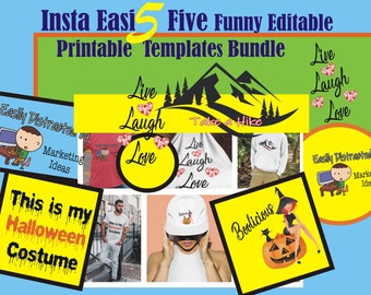 Insta Easi 5 Fünf lustige, vollständig bearbeitbare druckbare Tshirt-Vorlagen-Bundle kommt mit Teespring Profits Made Easy eBook