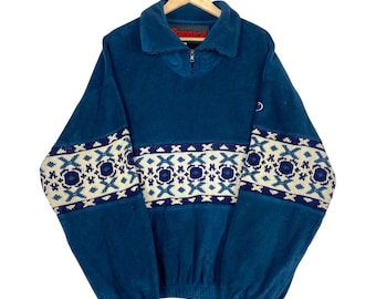Vintage 90s Nordica Retro Blue Fleece Pullover Halfzip Closure with Knit Pattern Sweater – Size L-XL