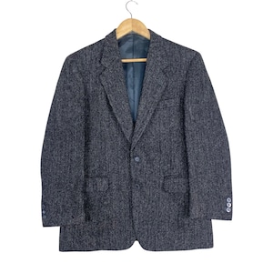 Pick!! HARRIS TWEED Vintage Herringbone Wool Coat Men Jacket Classic Charcoal Grey Size Large