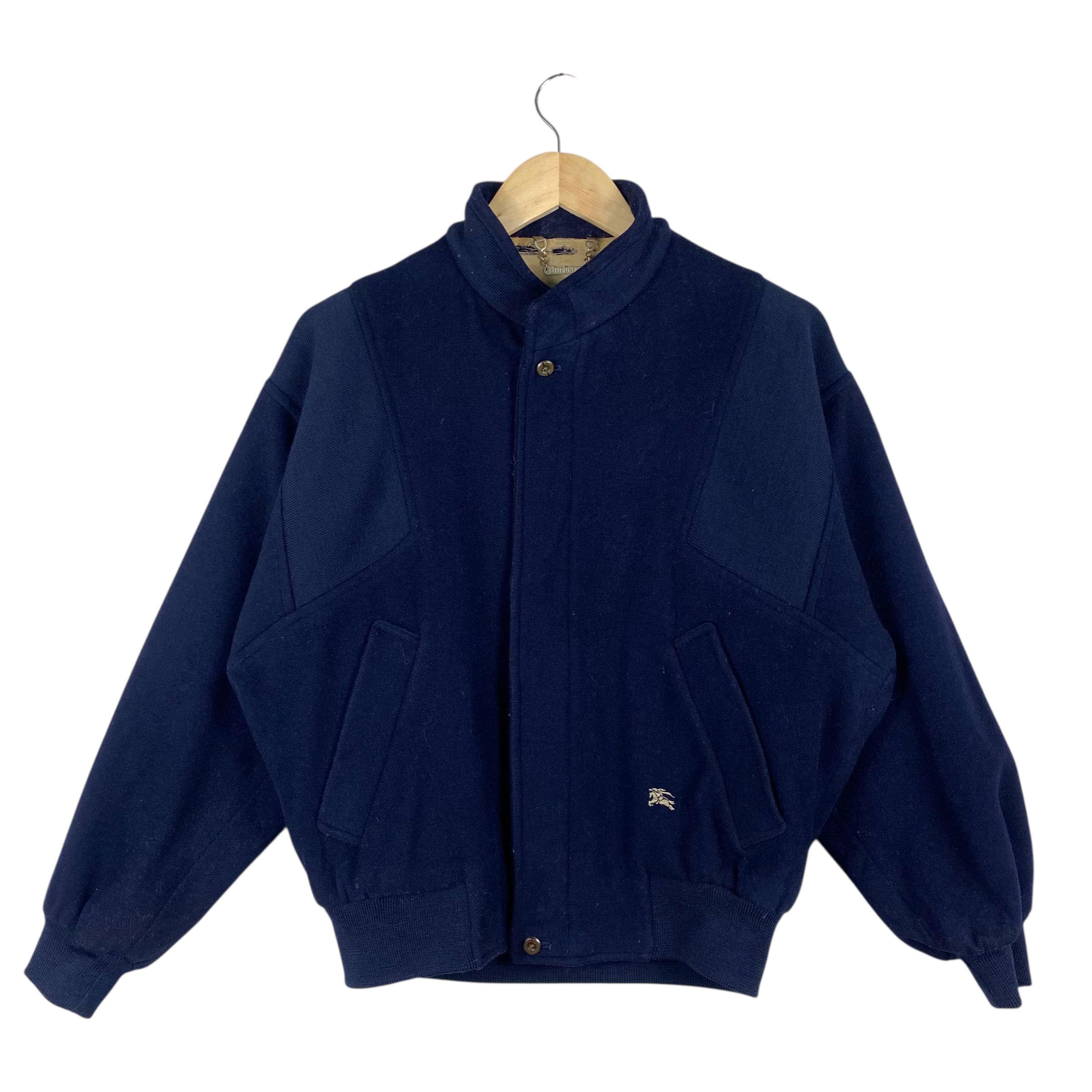 Vintage 90s Burberry Wool Bomber Jacket, Navy Blue Checked, Size